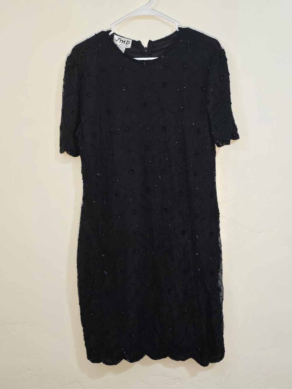 JMD New York Black Beaded 100% Short Sleeve Cocktail Dress Scalloped Hem Sz L